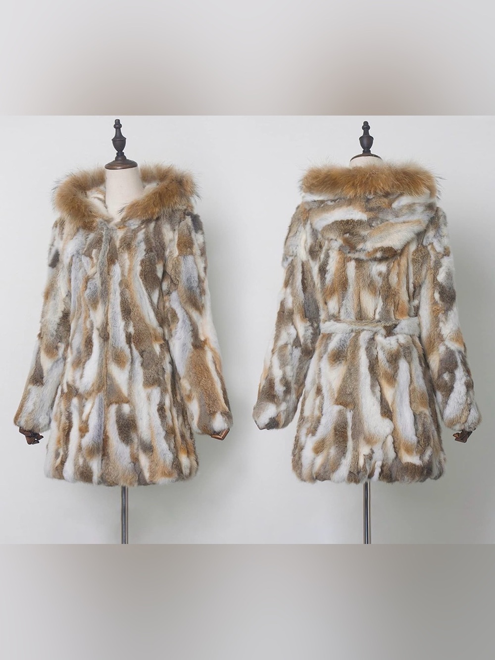 Genuine Rabbit Fur Coat Natural Tan White Brown Raccoon Fur Hood
